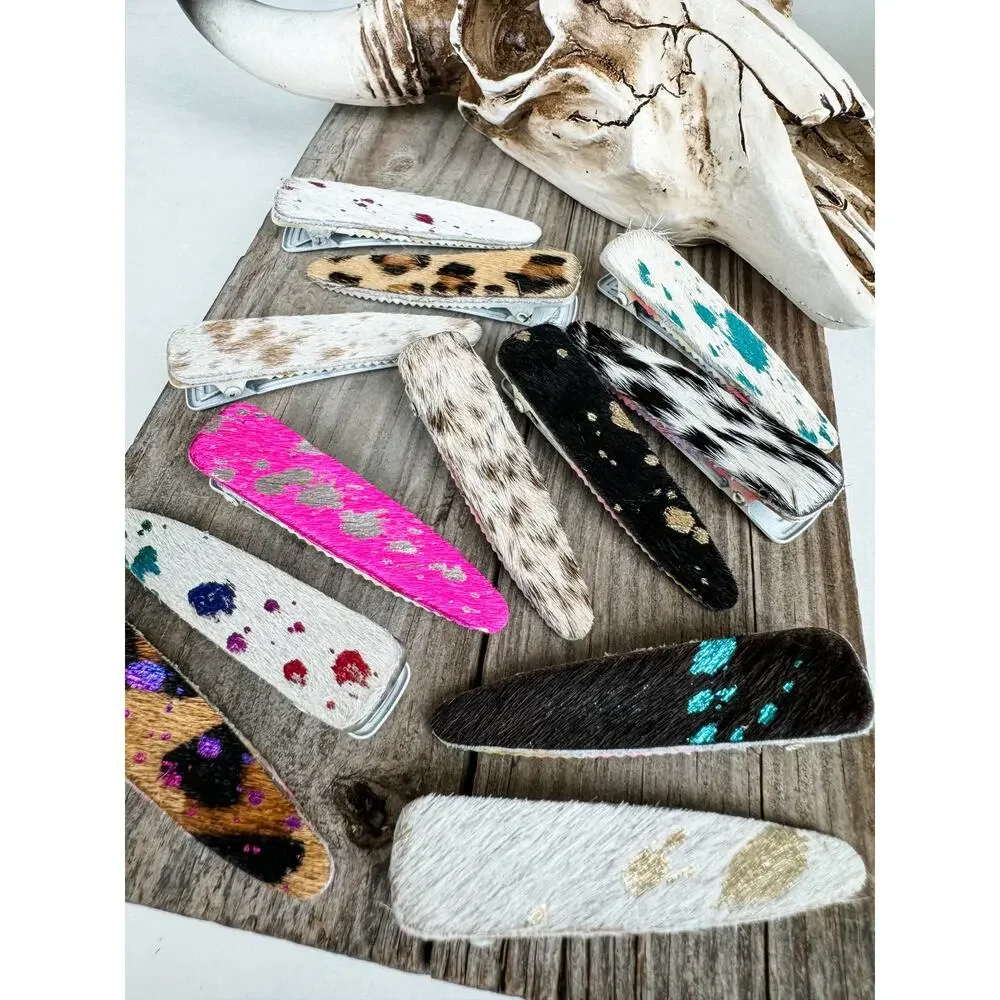 Western Hair-On Cowhide Barrette | White & Turquoise